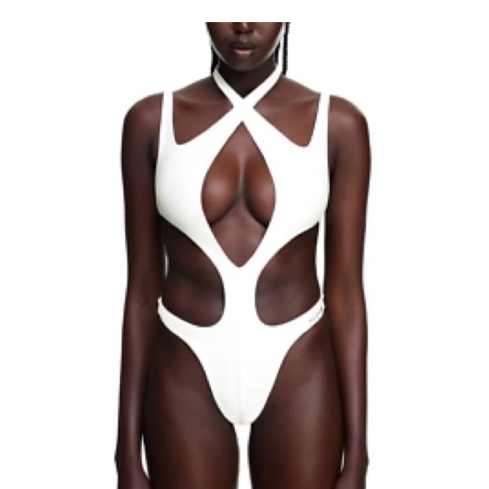 Mugler Ivory Cut-Out Bodysuit
